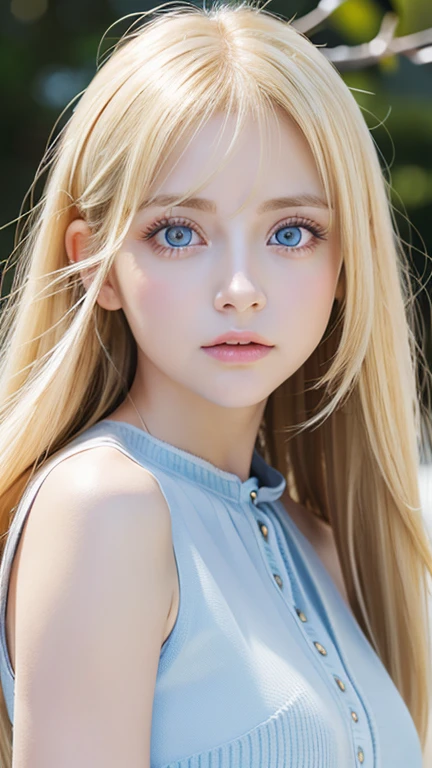 highest quality、masterpiece、ultra high resolution、(photorealistic:1.4)、1 girl、shoulder、Charm、look at the camera、A very beautiful girl with very long blonde hair、Very beautiful bright and shining light blue big eyes、very big eyes、small face beautiful girl、Bright, young and beautiful skin as white as snow、cheek gloss highlight、long bangs between the eyes,