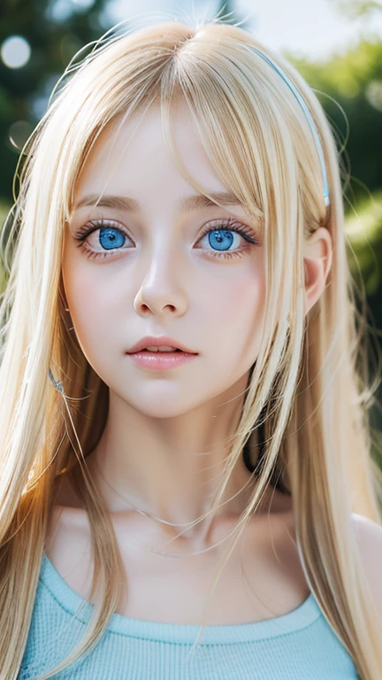 highest quality、masterpiece、ultra high resolution、(photorealistic:1.4)、1 girl、shoulder、Charm、look at the camera、A very beautiful girl with very long blonde hair、Very beautiful bright and shining light blue big eyes、very big eyes、small face beautiful girl、Bright, young and beautiful skin as white as snow、cheek gloss highlight、long bangs between the eyes,