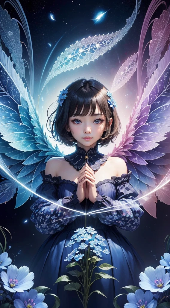 (masterpiece、highest quality、highest quality、official art、aesthetics:1.2)、(1 girl:1.3)、(fractal art:1.3)、short hair、Spread your wings with both hands、embrace your heart、I'll give you a diamond heart、forget-me-not blue light、A guide full of endless flowers、It's okay、smile