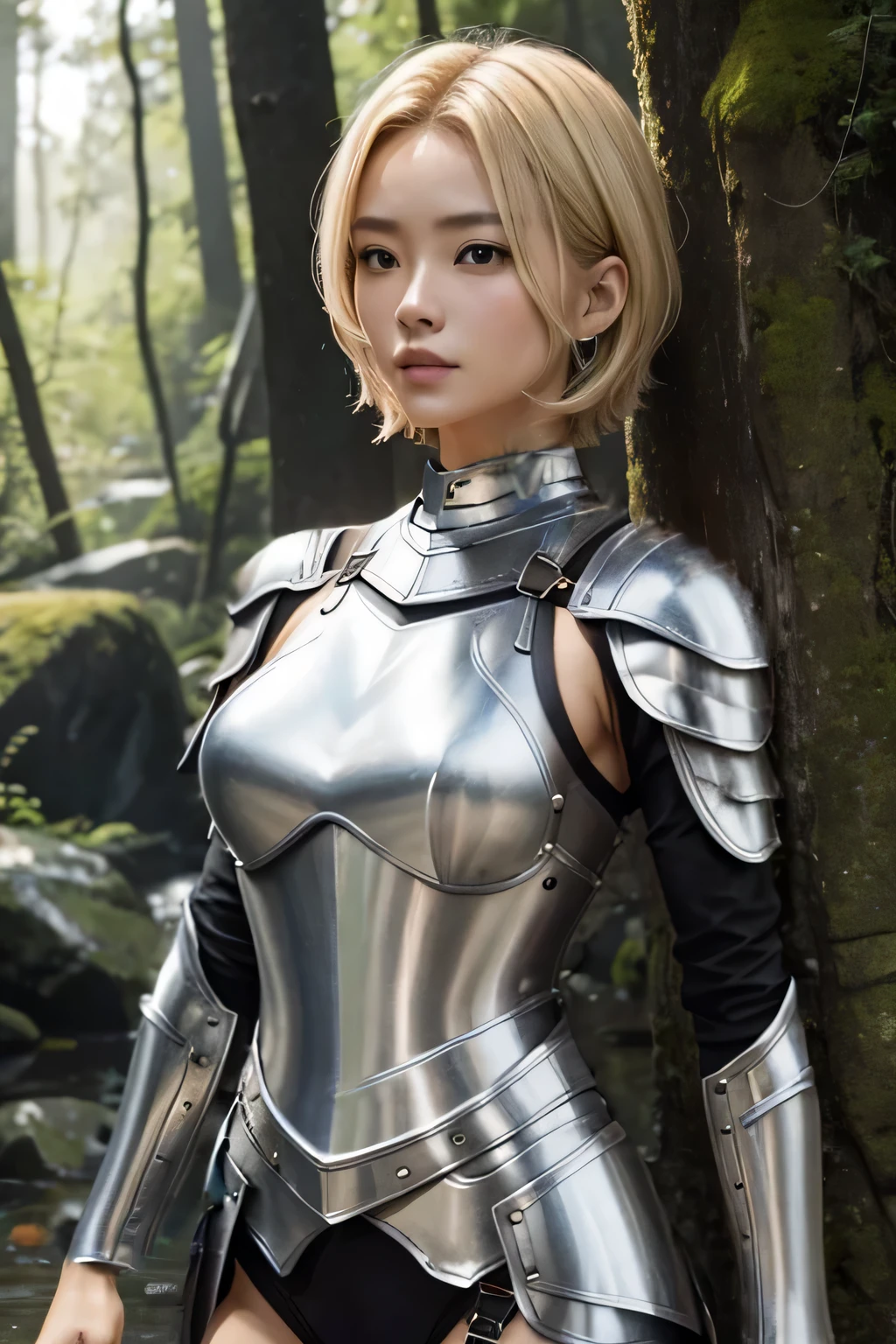 A Close Up Of A Woman In A Silver Armor Outfit SeaArt AI