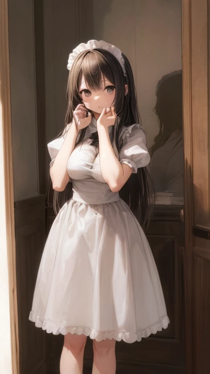 (masterpiece, highest quality), whole body, 1 female, alone, maid dress, Classic Maid，Standing picture，whole body，long，long hair，big breasts，Pause，Put your hands on your face，slouch，，囁くPause，speaking