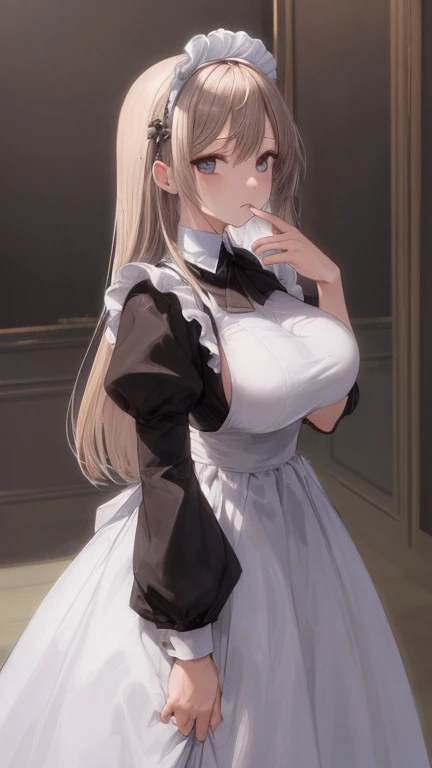 (masterpiece, highest quality), whole body, 1 female, alone, maid dress, Classic Maid，Standing picture，whole body，long，long hair，big breasts，Pause，Put your hands on your face，slouch，，囁くPause，speaking