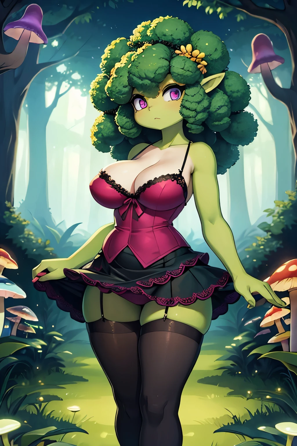 (masterpiece), best quality, expressive eyes, perfect face, Dryad, (((green big-afro))),
BREAK,
Very Huge , small waist, green skin, head towards the sun,
BREAK,
Satin slip camisole with lace trim, (velvet skirt), polka-dot pantyhochieving a luxurious and feminine look,
BREAK,
(hidden garden of glowing mushrooms and exotic plants), explore interactive pathways, encounter mythical creatures, experiencing the enchanting details of a magical botanical wonderland,