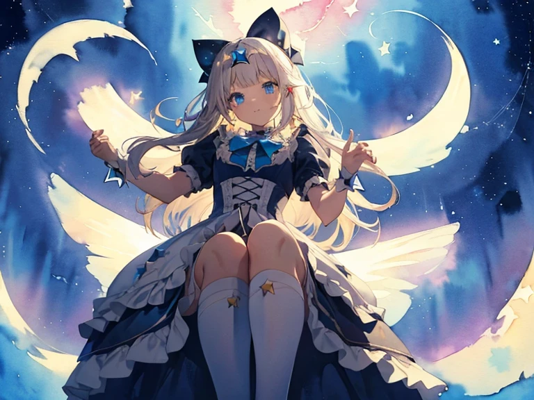 photo realistic, (masterpiece,best quality:1.4),(8k,raw photo,photo realistic:1.2), detailed skin, detailed face,1girl,Japanese idol,cute face, , Not Safe for Work, (overhead view:1.3), 
length hair, blue eyes, blonde hair, light smile, ((shiny wavy hair)), diadems, (((sit on a crescent moon model))), ((outstretched hand)),doress, gothic dresses, shairband, shortsleeves, the bow hair, ((blue shairband)), a smile, red blush, light Blue Doress, Alice (Alice in Wonderland), White frilled legwear, ((Blue the Bow)), Puffy Sleeves, Bangss, Apron Dress, shortsleeves, ((Blue bow ribbon)), absurdly long hair, frilld, white gothic dresses,: q, masterpiece, top-quality, not safe for work, , , 14-yo, braided bangs, mary janes, (FULL Body), (((from below))),(Garter ring that looks like frilly panties), flat chest, 
yumekawa,yumekawaii,pastel color, (((star background:1.5))), imagination,light particle effect, aerial effect, perfect hand's, perfect fingers, (dreamy ambiance:1.4), [:(light gradation watercolor:1.5):8], (soft focus:1.1), (stars:1.5),A large swing shaped like a crescent moon:1.8,