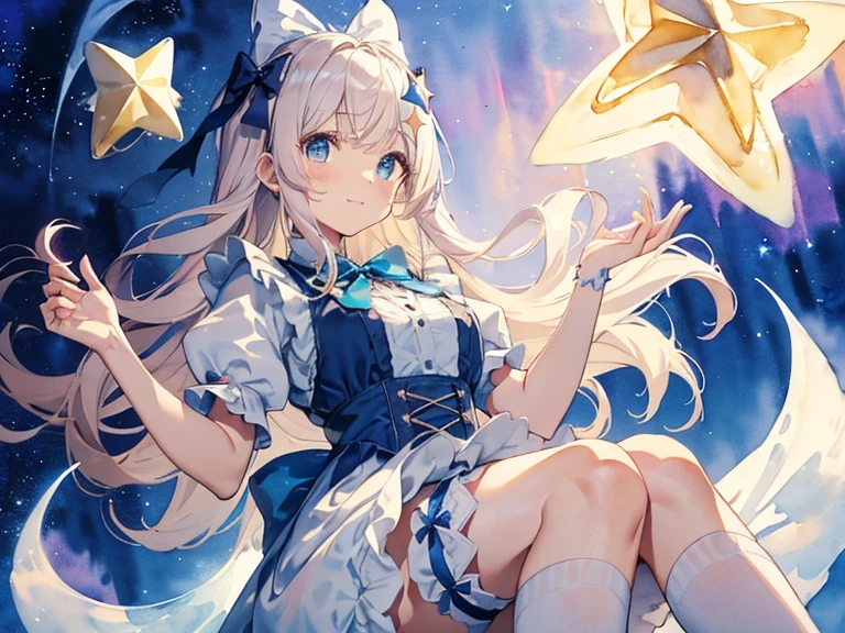 photo realistic, (masterpiece,best quality:1.4),(8k,raw photo,photo realistic:1.2), detailed skin, detailed face,1girl,Japanese idol,cute face, , Not Safe for Work, (overhead view:1.3), 
length hair, blue eyes, blonde hair, light smile, ((shiny wavy hair)), diadems, (((sit on a crescent moon model))), ((outstretched hand)),doress, gothic dresses, shairband, shortsleeves, the bow hair, ((blue shairband)), a smile, red blush, light Blue Doress, Alice (Alice in Wonderland), White frilled legwear, ((Blue the Bow)), Puffy Sleeves, Bangss, Apron Dress, shortsleeves, ((Blue bow ribbon)), absurdly long hair, frilld, white gothic dresses,: q, masterpiece, top-quality, not safe for work, , , 14-yo, braided bangs, mary janes, (FULL Body), (((from below))),(Garter ring that looks like frilly panties), flat chest, 
yumekawa,yumekawaii,pastel color, (((star background:1.5))), imagination,light particle effect, aerial effect, perfect hand's, perfect fingers, (dreamy ambiance:1.4), [:(light gradation watercolor:1.5):8], (soft focus:1.1), (stars:1.5),A large swing shaped like a crescent moon:1.8,