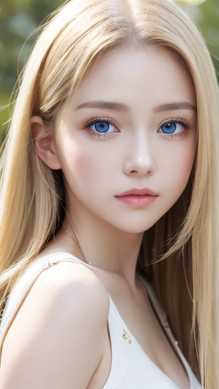 highest quality、masterpiece、ultra high resolution、(photorealistic:1.4)、very white beautiful girl、1 girl、shoulder、Charm、look at the camera、A very beautiful girl with very long blonde hair、Very beautiful bright and shining light blue big eyes、very big eyes、small face beautiful girl、Bright, young and beautiful skin as white as snow、cheek gloss highlight、long bangs between the eyes,