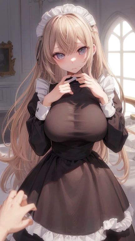 (masterpiece, highest quality), whole body, 1 female, alone, maid dress, Classic Maid，Standing picture，whole body，long，long hair，big breasts，Pause，Put your hands on your face，slouch，，囁くPause，Call