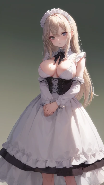 (masterpiece, highest quality), whole body, 1 female, alone, maid dress, Classic Maid,Standing picture,whole body,long,long hair,big breasts,Pause,Put your hands on your face,slouch,,囁くPause,Call
