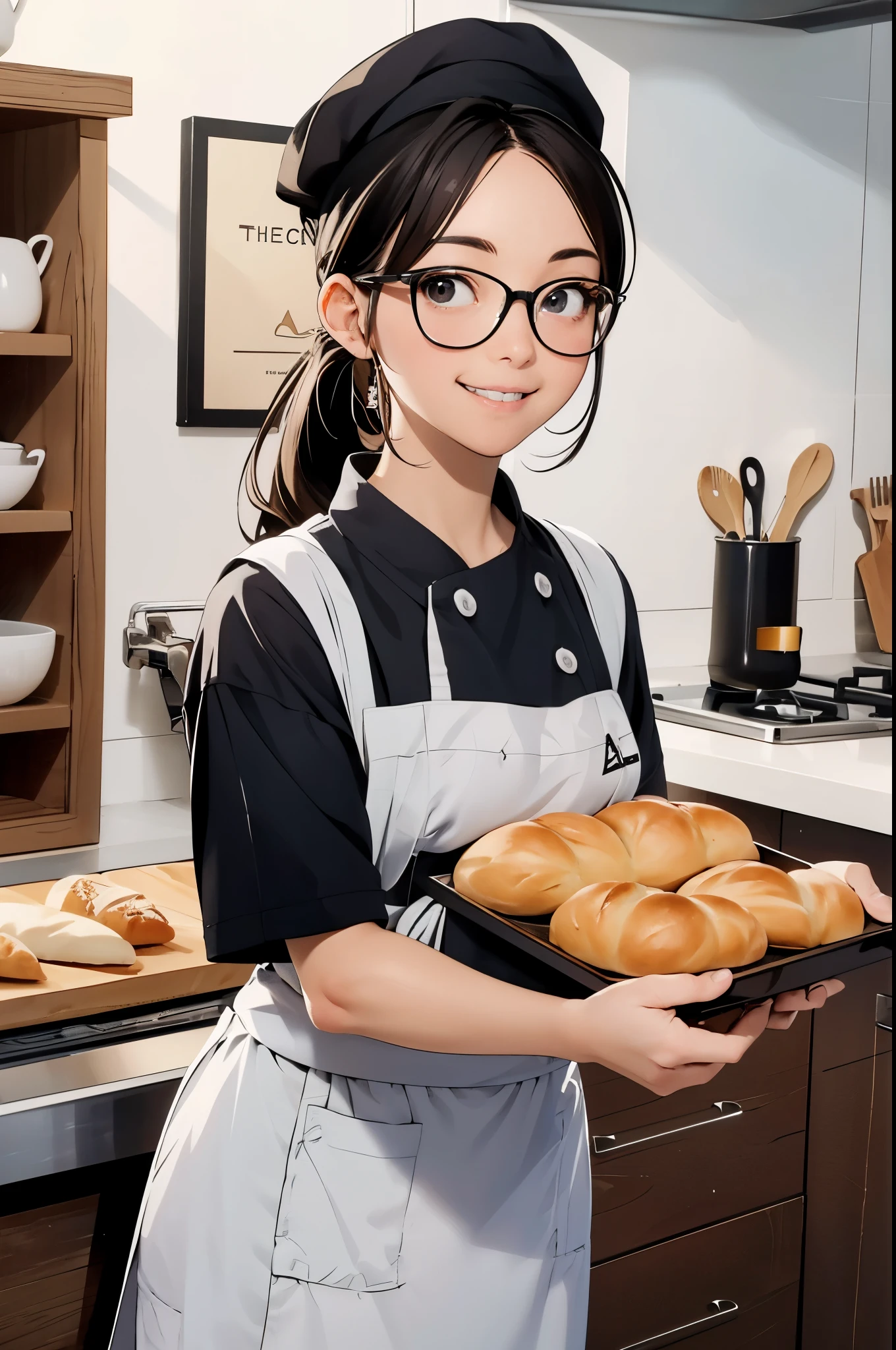 Beautiful girl, 16 years old, ponytail, facial hair, wearing glasses, smiling brightly, happily making bread, carrying a tray of bread into the oven, many kinds of bread in the tray, fragrant and delicious, (wearing  cute chef  (wearing a chef's hat)), in the kitchen, anime, high quality