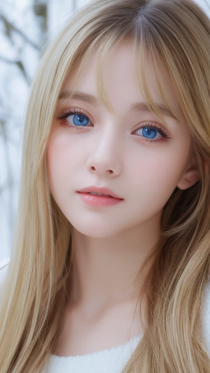 highest quality、masterpiece、ultra high resolution、(photorealistic:1.4)、very white beautiful girl、1 girl、shoulder、Charm、look at the camera、A very beautiful girl with very long blonde hair、Very beautiful bright and shining light blue big eyes、very big eyes、small face beautiful girl、Bright, young and beautiful skin as white as snow、cheek gloss highlight、long bangs between the eyes,、round face