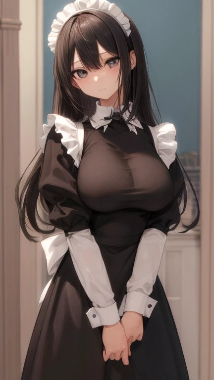 (masterpiece, highest quality), whole body, 1 female, alone, maid dress, Classic Maid，Standing picture，whole body，long，long hair，big breasts，Pause，Put your hands on your face，slouch，，囁くPause，Call