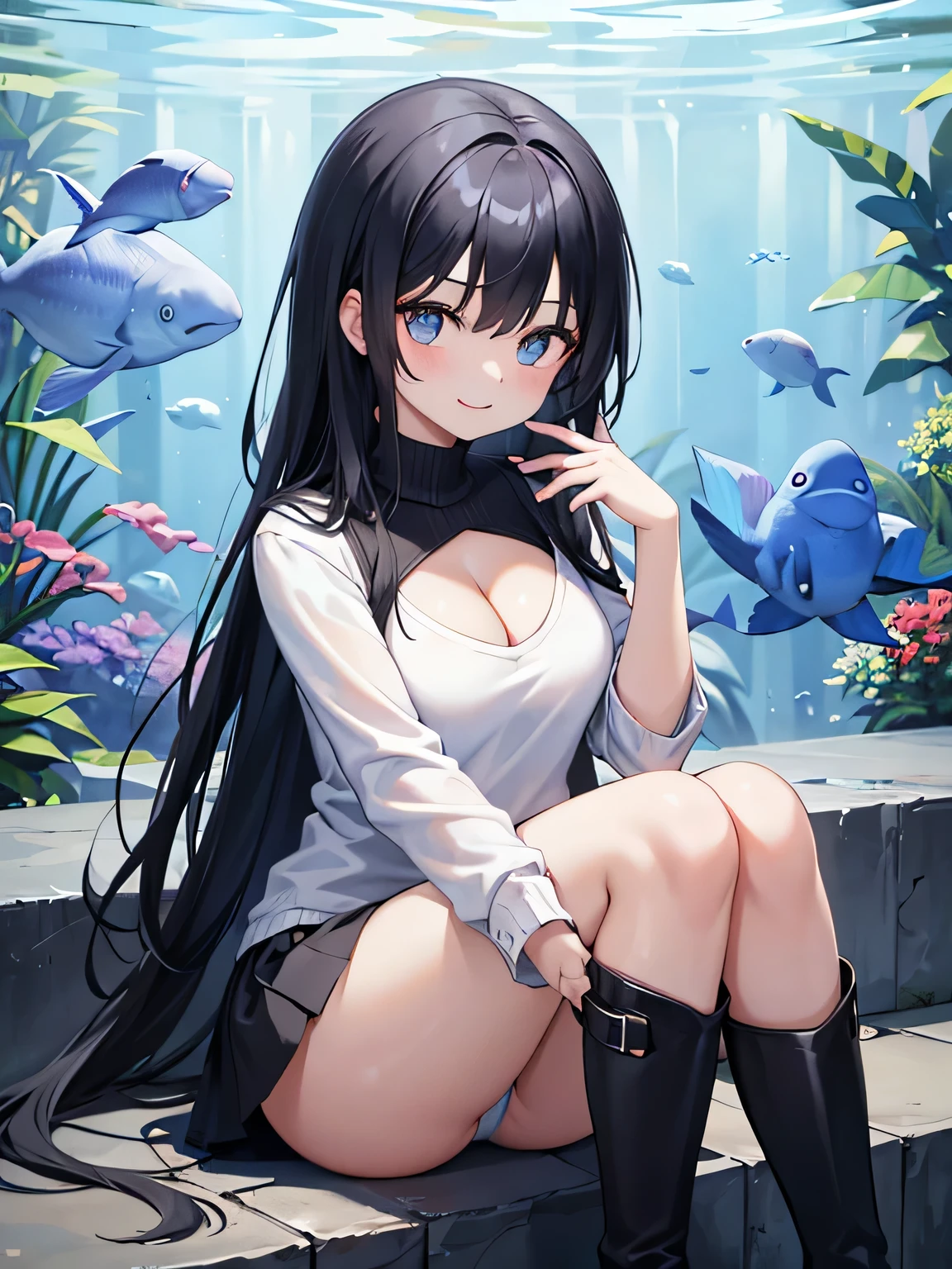 (1) A woman is sitting on her knees、Light blue pants are visible.
(2) that woman has long black hair.
(3) The woman is wearing a white V-neck knit, black miniskirt and long boots.
(4) The woman's expression is a smile.
(5) Cleavage in women is visible.
(6) The place is an aquarium.