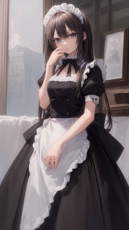 (masterpiece, highest quality), whole body, 1 female, alone, maid dress, Classic Maid，Standing picture，whole body，long，long hair，Pause，Put your hands on your face，囁くPause，Call