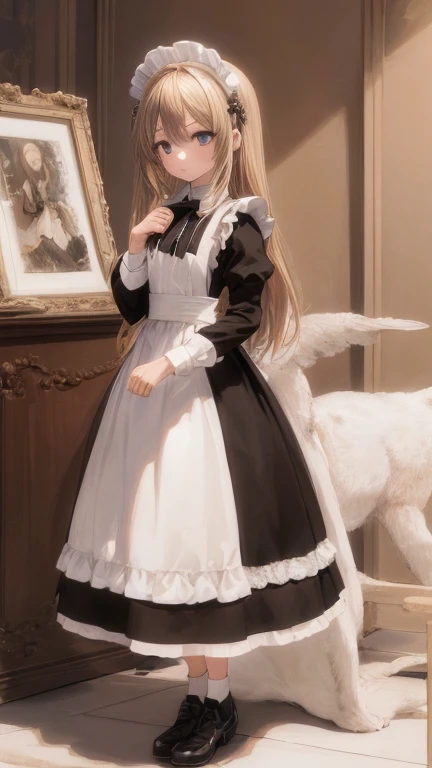 (masterpiece, highest quality), whole body, 1 female, alone, maid dress, Classic Maid，Standing picture，whole body，long，long hair，Pause，Put your hands on your face，囁くPause，Call