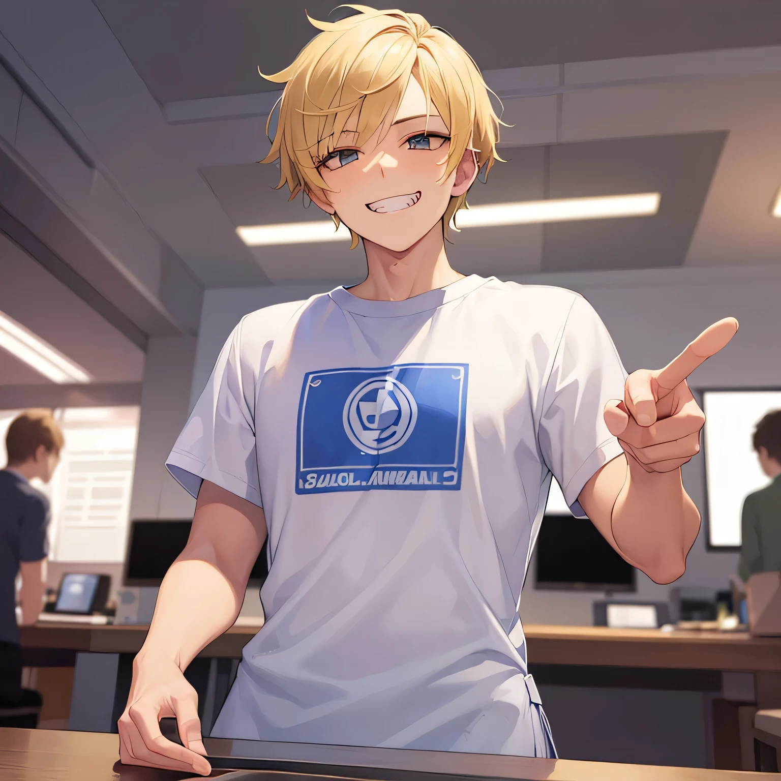 pointing, (evil grin:1.3), jitome, masterpiece、high quality、(25 year old man with short blonde hair and blonde eyes:1.5)、white t-shirt、(Wearing a blue apron:1.5)、The background is a conference room、Alone、bold composition