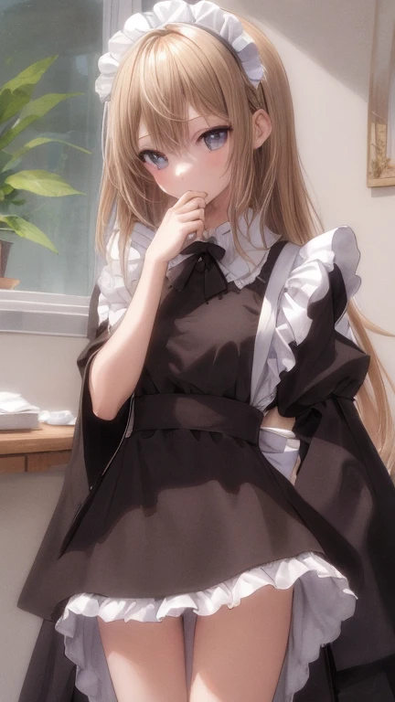 (masterpiece, highest quality), whole body, 1 female, alone, maid dress, Classic Maid，Standing picture，whole body，long，long hair，Pause，Put your hands on your face，囁くPause，Call