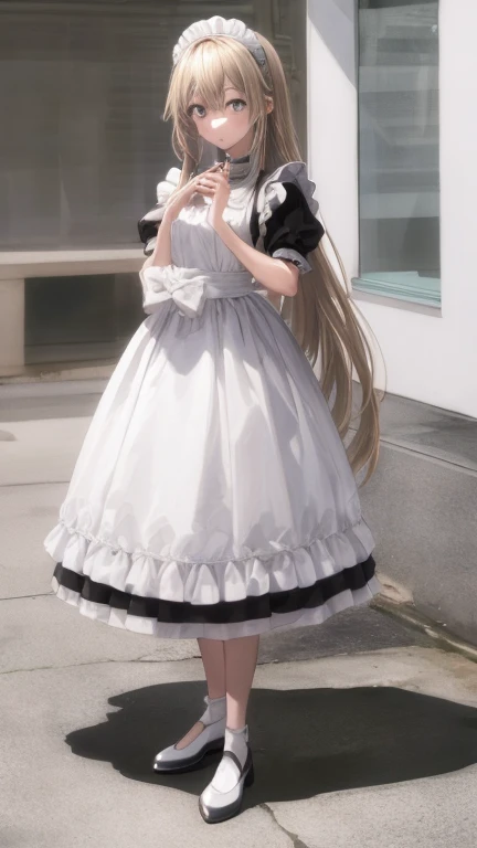 (masterpiece, highest quality), whole body, 1 female, alone, maid dress, Classic Maid，Standing picture，whole body，long，long hair，Pause，Put your hands on your face，囁くPause，Call