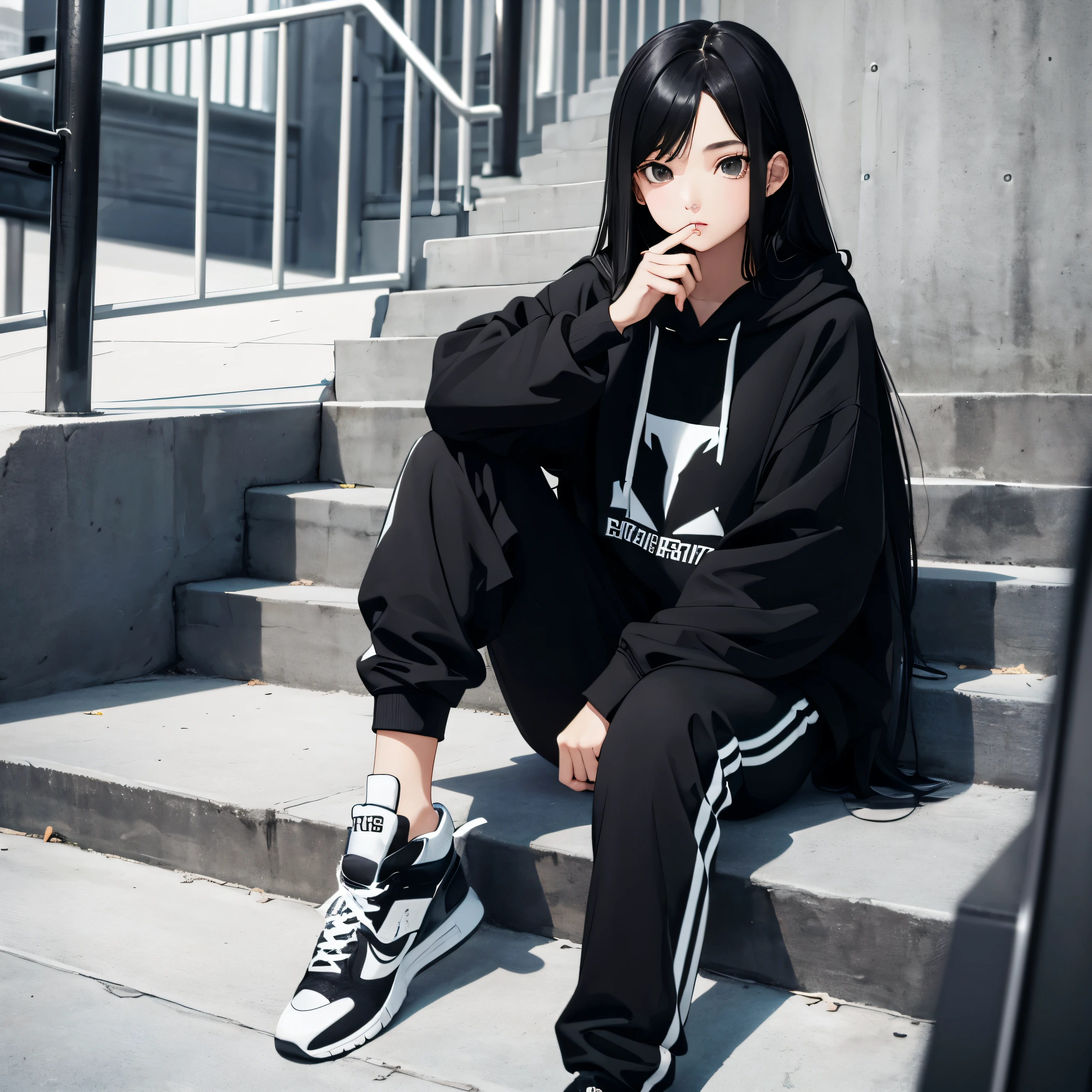 A beautiful and cute girl, Long black hair, black and white hoodie, trousers, sneakers, decent, tall, attitude, sit, stairs