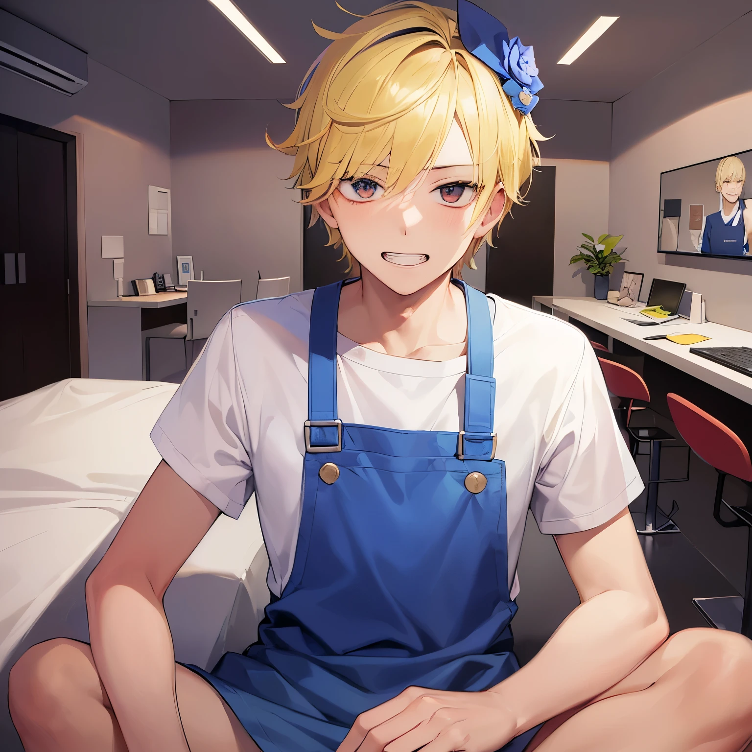 own hands together, (evil grin:1.3), jitome, masterpiece、high quality、(25 year old man with short blonde hair and blonde eyes:1.5)、white t-shirt、(Wearing a blue apron:1.5)、The background is a conference room、Alone、bold composition