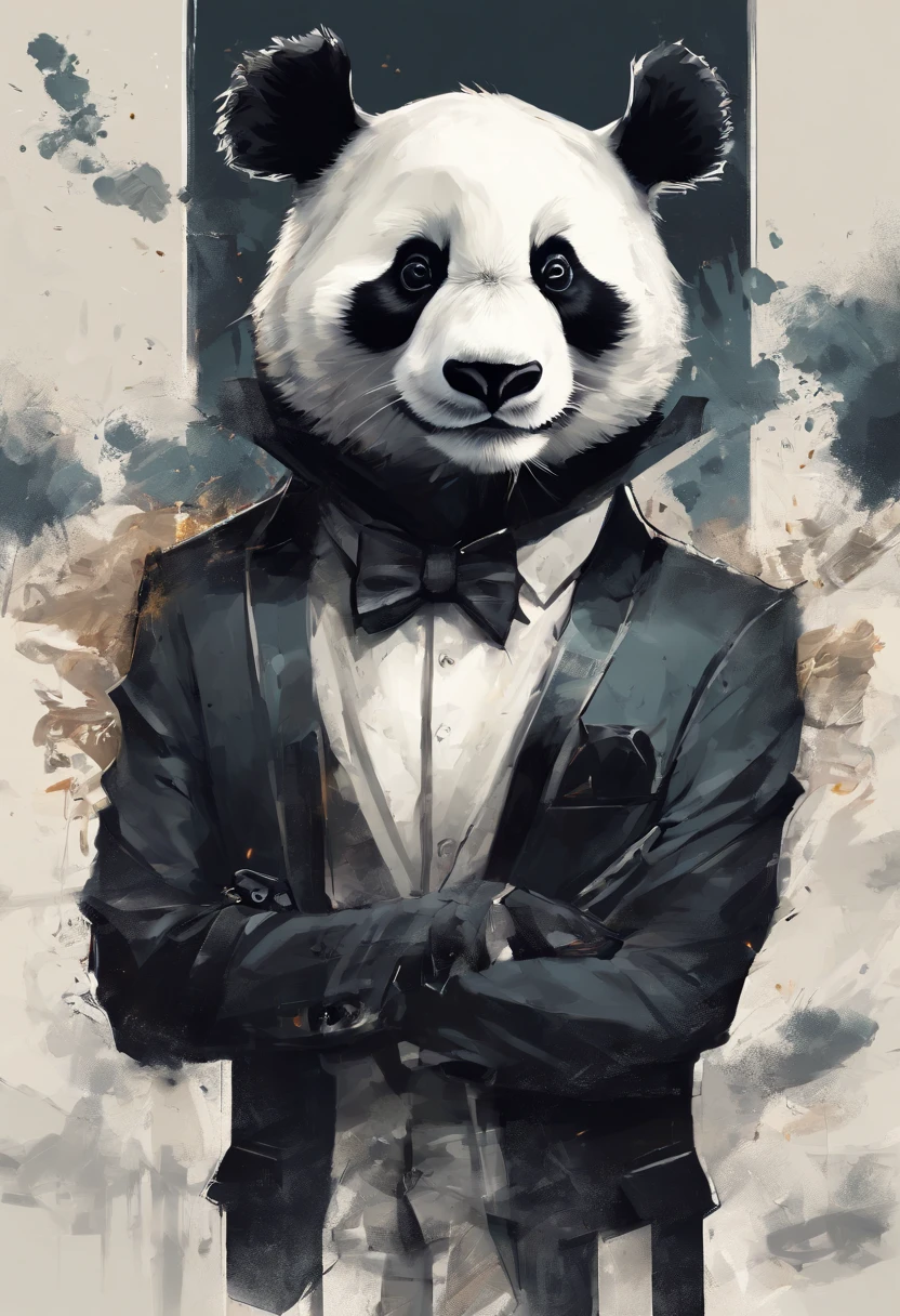 anthropomorphic panda, de cuerpo entero, vestido formalmente con un blazer, sostiene una bandeja, pegatina de panda, sticker de panda.