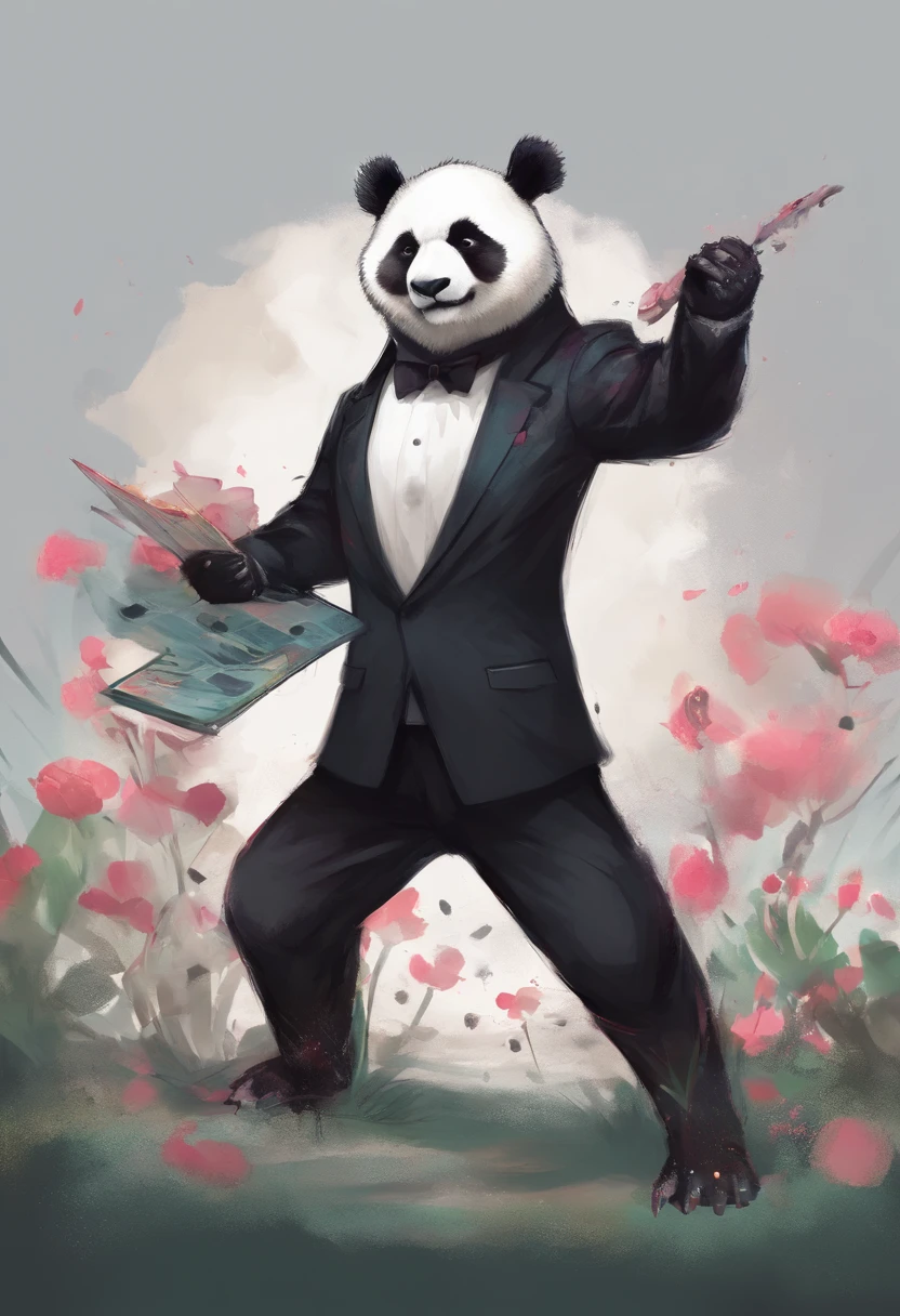 anthropomorphic panda, de cuerpo entero, vestido formalmente con un blazer, sostiene una bandeja, pegatina de panda, sticker de panda.