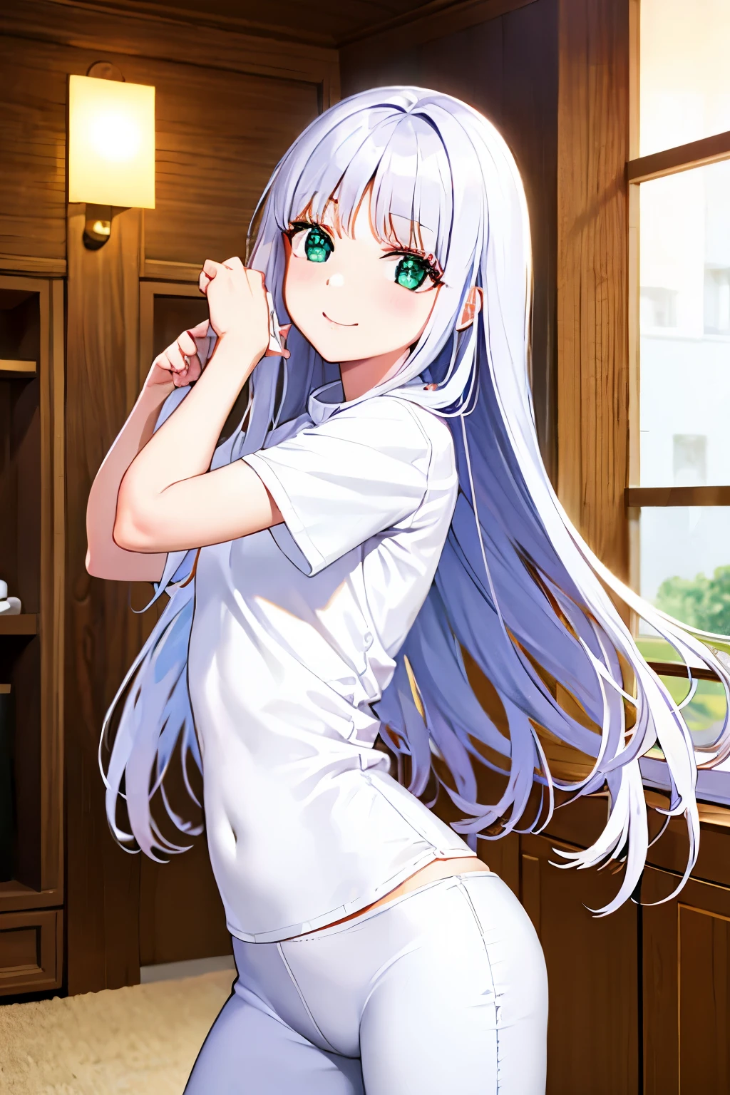 Cabello largo plateado, ojos verdes, leggins, white clothes, sonrisa, happy, muslos hermosos, inside house
