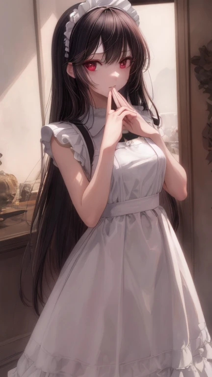 (masterpiece, highest quality), beautiful face，red eyes，red eyes，princess cut，Patsun bangs，whole body, 1 female, alone, maid dress, Classic Maid，Standing picture，whole body，long，long hair，black hair，Pause，Put your hands on your face，囁くPause，Call