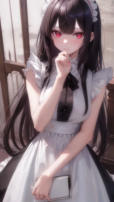 (masterpiece, highest quality), beautiful face，red eyes，red eyes，princess cut，Patsun bangs，whole body, 1 female, alone, maid dress, Classic Maid，Standing picture，whole body，long，long hair，black hair，Pause，Put your hands on your face，囁くPause，Call