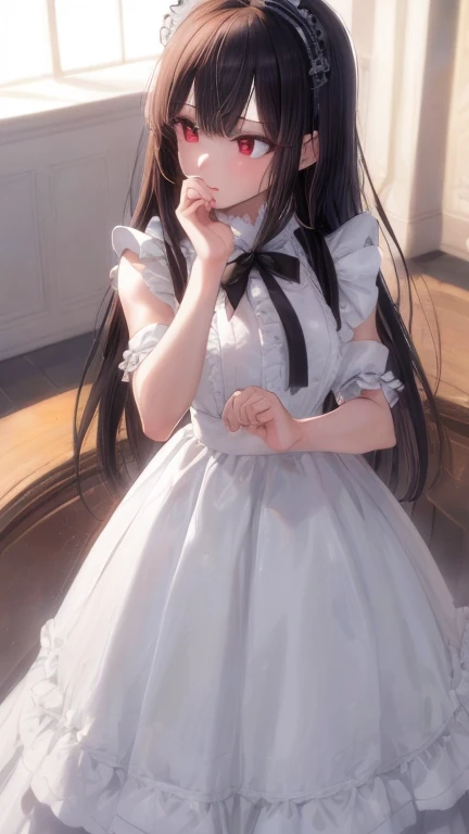 (masterpiece, highest quality), beautiful face，red eyes，red eyes，princess cut，Patsun bangs，whole body, 1 female, alone, maid dress, Classic Maid，Standing picture，whole body，long，long hair，black hair，Pause，Put your hands on your face，囁くPause，Call