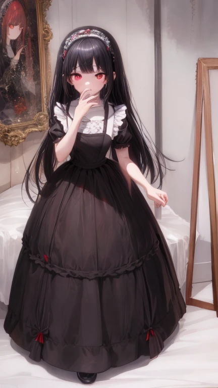 (masterpiece, highest quality), beautiful face，red eyes，red eyes，princess cut，Patsun bangs，whole body, 1 female, alone, maid dress, Classic Maid，Standing picture，whole body，long，long hair，black hair，Pause，Put your hands on your face，囁くPause，Call