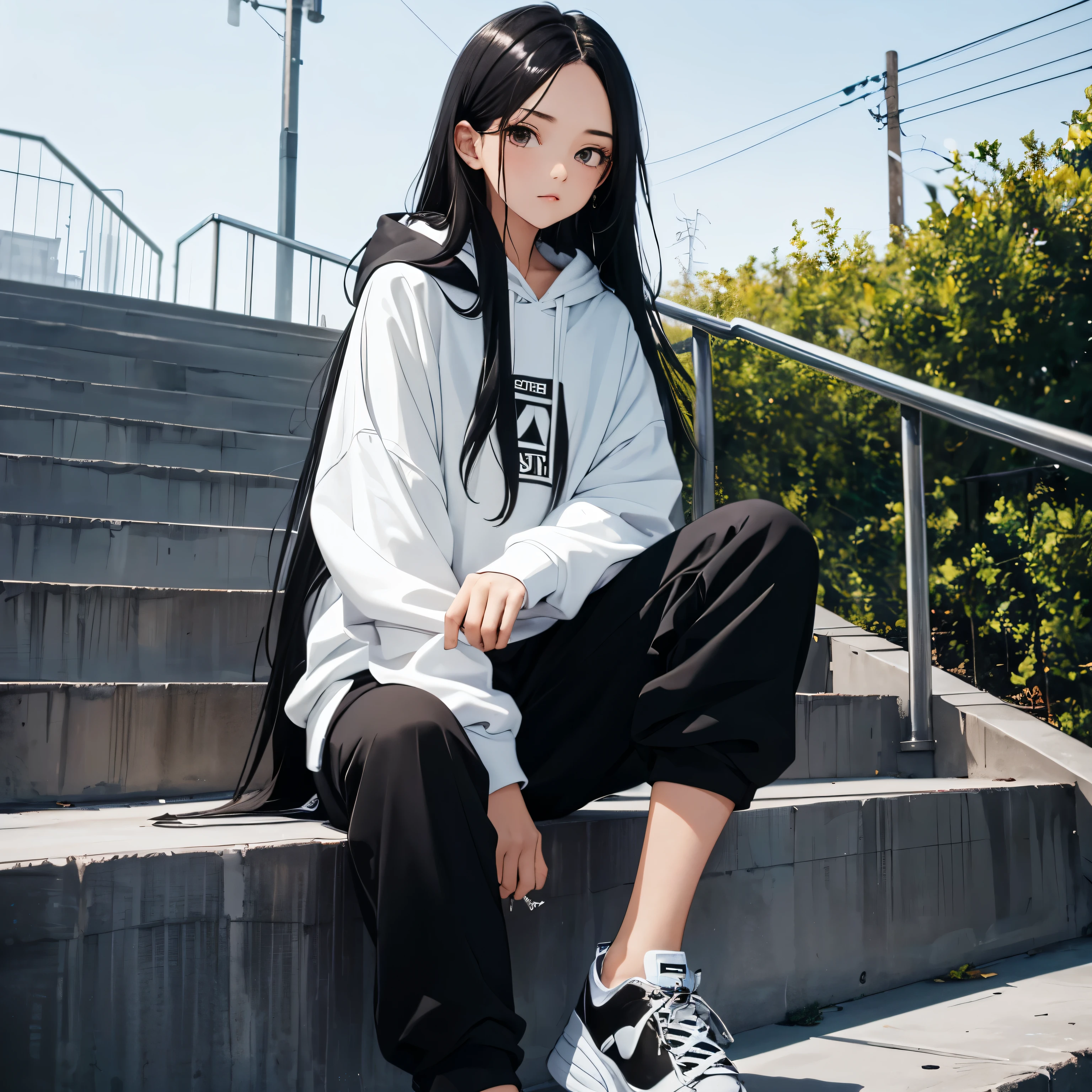 A beautiful and cute girl, Long black hair, black and white hoodie, trousers, sneakers, decent, tall, attitude, sit, stairs