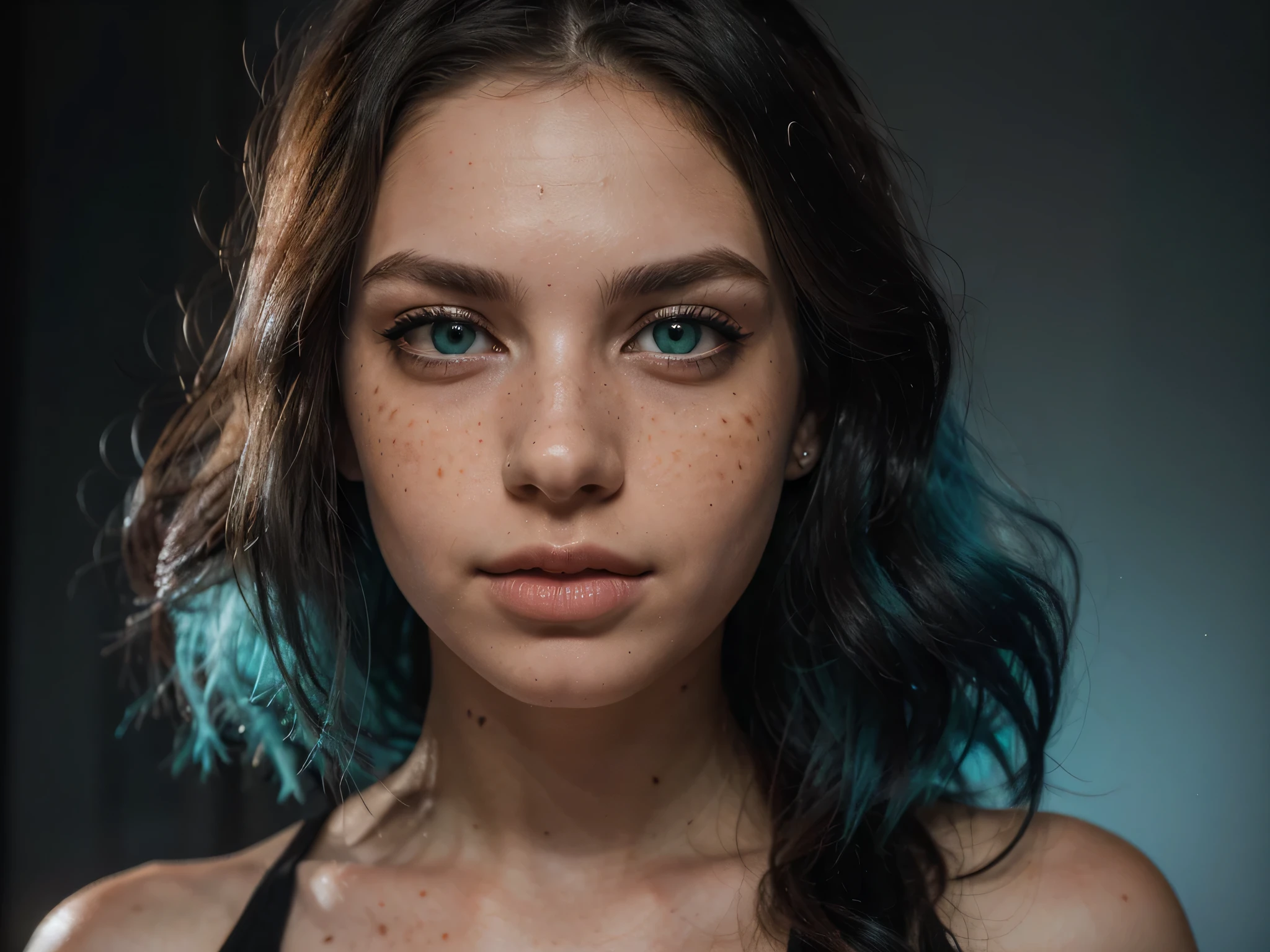 Reflector light, Realistic, Highest-quality, High Detailed photo, Canon EF 50mm f/1.8 STM (editorial photograph of a 21 year old girl), (highly detailed face:1.4) (smile:0.4) (background inside dark, moody, rich colors, lifelike texture, dramatic lighting, long, wavy hair, rich hair, squeals, big lips, turquoise blue hair, freckles, green eyes, white skin, scarlet woman, wearing full black style piercing in the nose, long leg, hyper realistic, Masterpiece, Textured skin, 8k, masterpiece