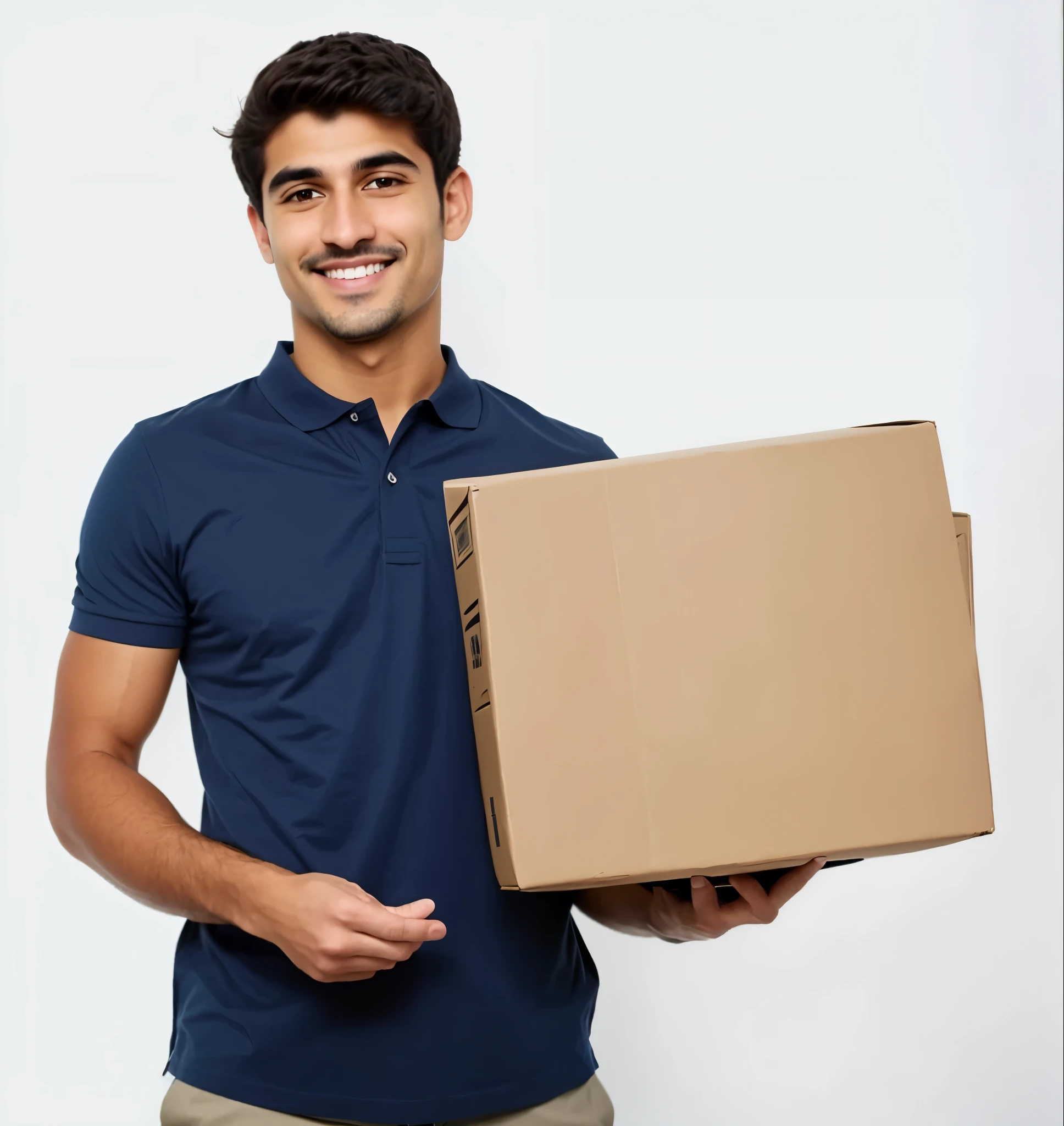 sharp delivery man holding a cardboard box and giving a thumbs up sign, entregando caixa de encomendas, entregando pacotes para amazon, delivering mail, postagem no instagram, segurando um material, carregando uma bandeja, 8ft tall, com um monte de coisas, with a happy expression, ad image, wearing a dark blue polo shirt, cut out of cardboard, foto de perfil, imagem de avatar