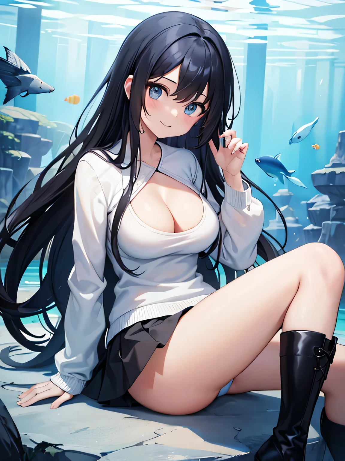 (1) A woman is sitting on her knees、Light blue pants are visible.
(2) that woman has long black hair.
(3) The woman is wearing a white V-neck knit, black miniskirt and long boots.
(4) The woman's expression is a smile.
(5) Cleavage in women is visible.
(6) The place is an aquarium.