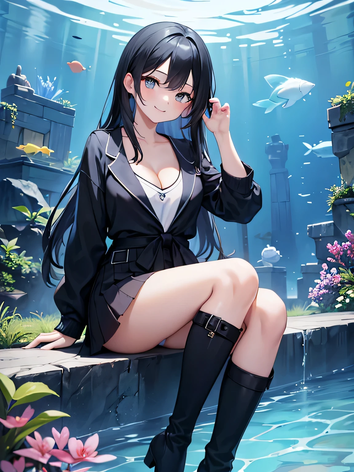 (1) A woman is sitting on her knees、Light blue pants are visible.
(2) that woman has long black hair.
(3) The woman is wearing a white V-neck knit, black miniskirt and long boots.
(4) The woman's expression is a smile.
(5) Cleavage in women is visible.
(6) The place is an aquarium.