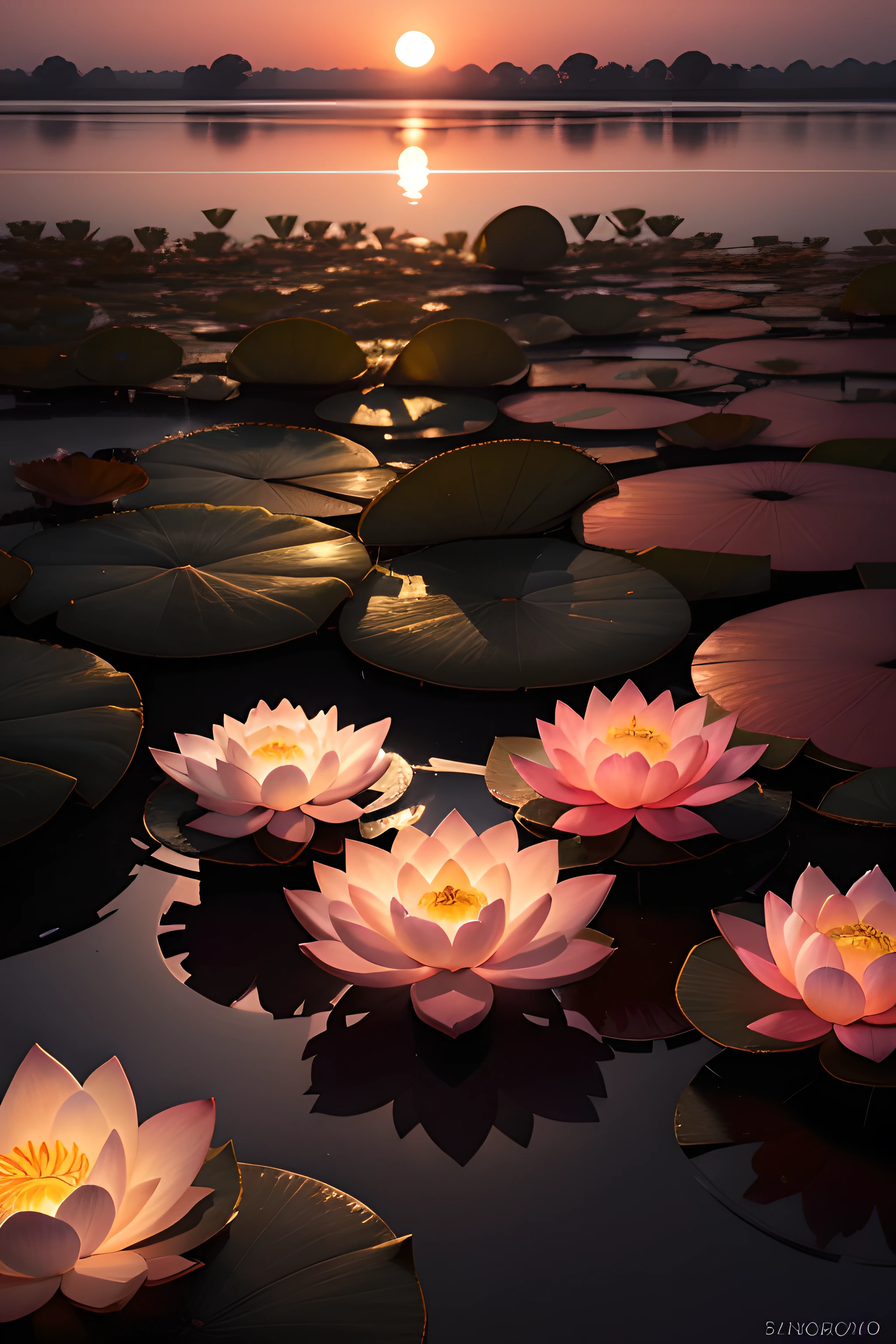 Photograph lotus flowers in the gentle light of dusk. As the sun sets, capture the lotus blooms against a dusky sky, where their ethereal beauty is accentuated by the fading daylight