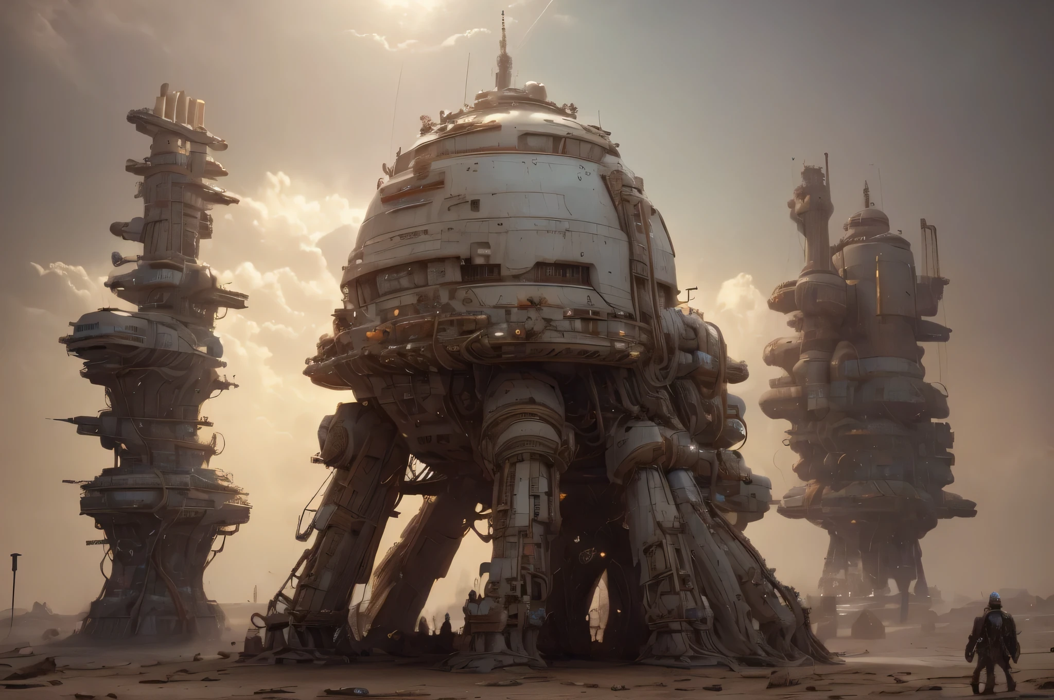 Cosmodrome, space shipyard, Huge spaceship lands, cranes and manipulators, many alien creatures