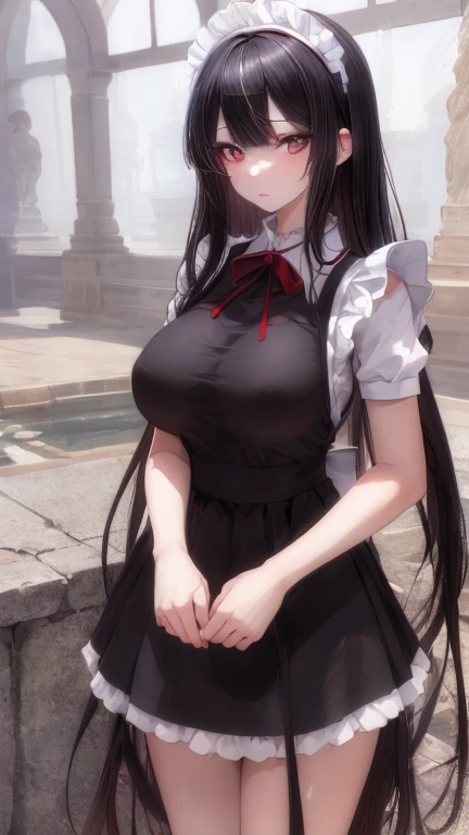 (masterpiece, highest quality), beautiful face,red eyes,red eyes,princess cut,Patsun bangs,whole body, 1 female, alone, maidドレス, maid,mini skirt,big breasts,Standing picture,whole body,long,long hair,black hair,Call