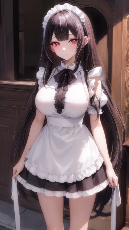 (masterpiece, highest quality), beautiful face，red eyes，red eyes，princess cut，Patsun bangs，whole body, 1 female, alone, maidドレス, maid，mini skirt，big breasts，Standing picture，whole body，long，long hair，black hair，Call