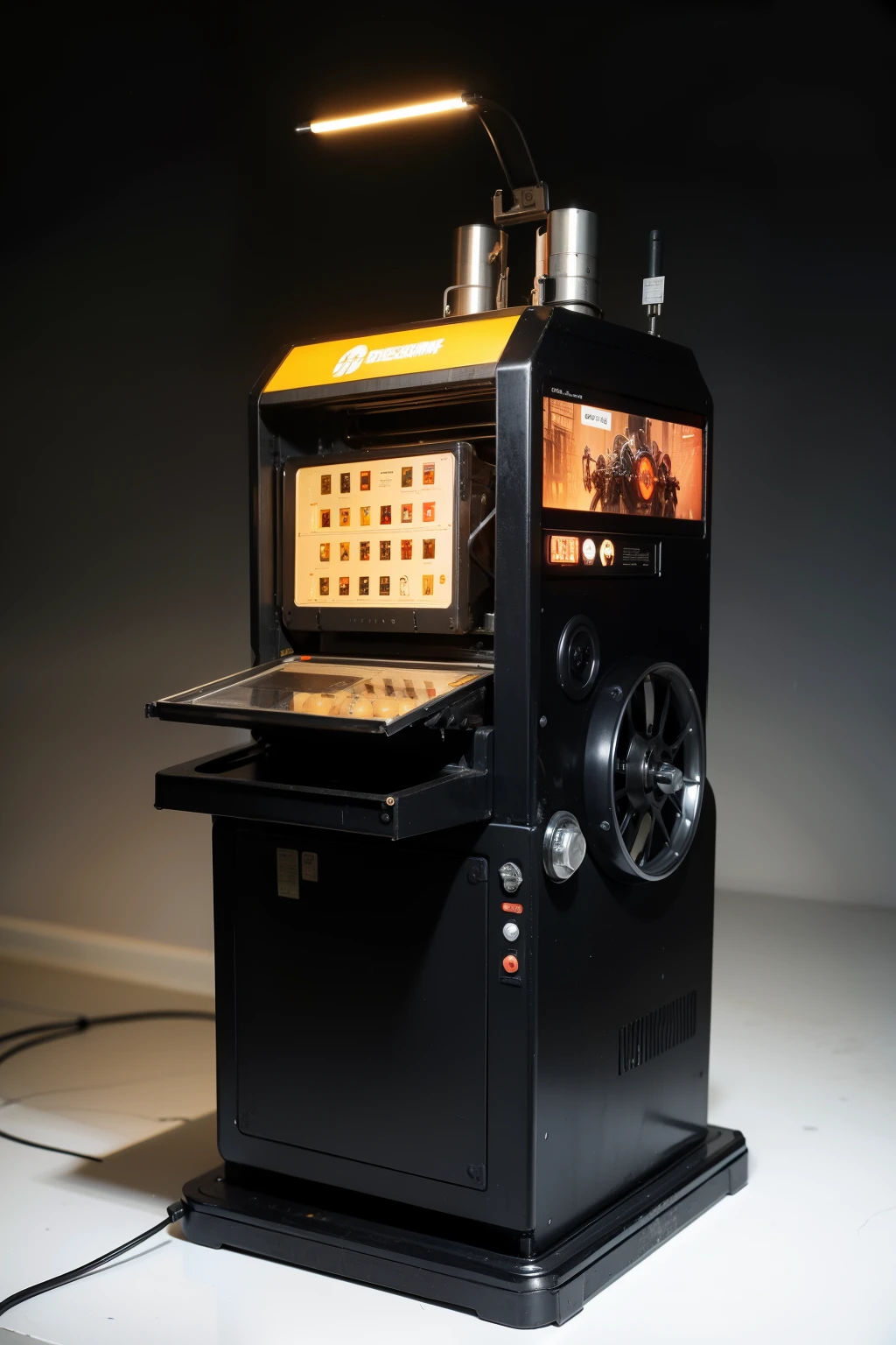 a rough、Mechanized sci-fi persimmon machine,Adopting black and silver color scheme,It has a strong sense of engineering and technology, with various gears and mechanical structures visible.,Art style:Dieselpunk style sci-fi persimmon machine concept art。((best quality)), ((masterpiece)), (detailed), perfect face