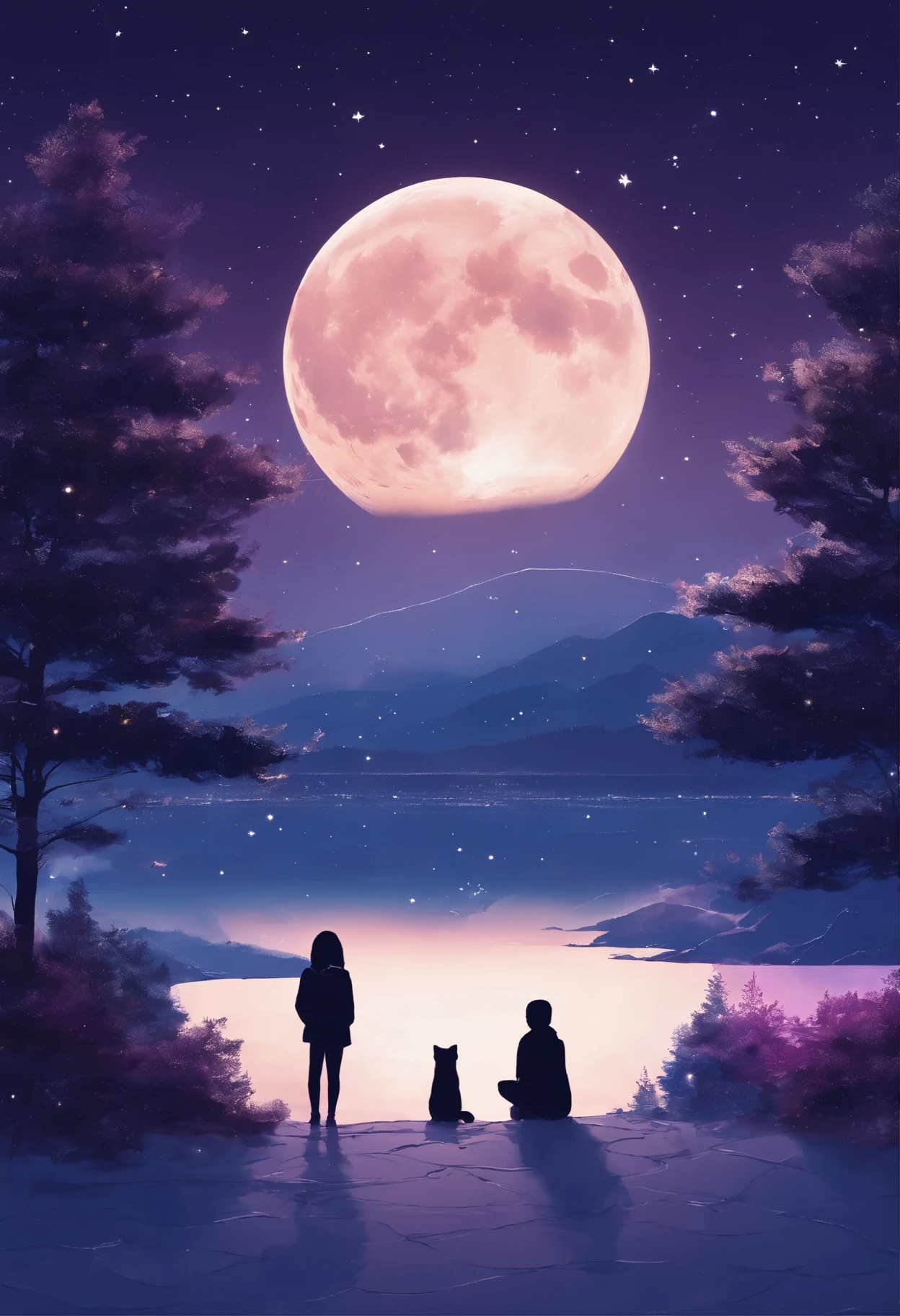 A scene from a movie where a dog and a girl are sitting looking up at the sky. A town at night with falling powder snow. A gentle time. A magnificent landscape of space and starry skies, planets and the moon. The back view, a soft expression. Wrapped in the soft winter breeze, it is magical and beautiful. Time passes. Exaggerated identity. Powerful yet gentle. Refreshing pastel colors. Purple and yellow. Anime. A scene from a picture book, modern animation.
Angle looking up at the earth Animation, super delicate, 8K 4K modern animation(high quality, 4K, super detailed, realistic:1.37), beauttiful stars, stunning night sky, Incredibly detailed constellations of Greenland, Milky Way, twinkling stars, Fantastic Northern Lights, Mesmerizing night view, breathtaking night sky, Immersive stargazing experience, Bright colors, soft moonlight, subtle gradation color, atmosphere lighting, Long exposure photography, peaceful and calm atmosphere cat、orange、cute、Big eyes、masterpiece、full moon、