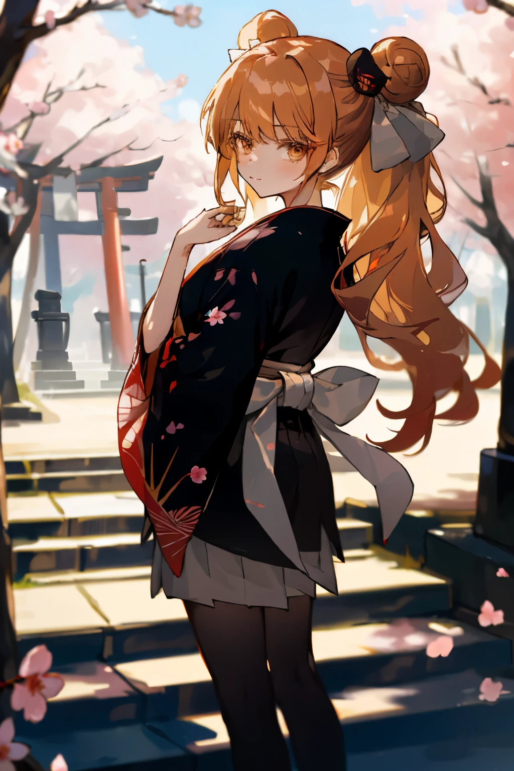 ((masterpiece,best quality)),2girls, black kimono, black legwear, black ribbon, blonde hair, cherry blossoms, day, flower, hair bun, hair ribbon, japanese clothes, kimono, long hair, looking at viewer, looking back, multiple girls, obi, outdoors, red eyes, red hair, ribbon, sandals, single hair bun, stairs, standing, statue, torii, tree, white kimono, yellow eyes