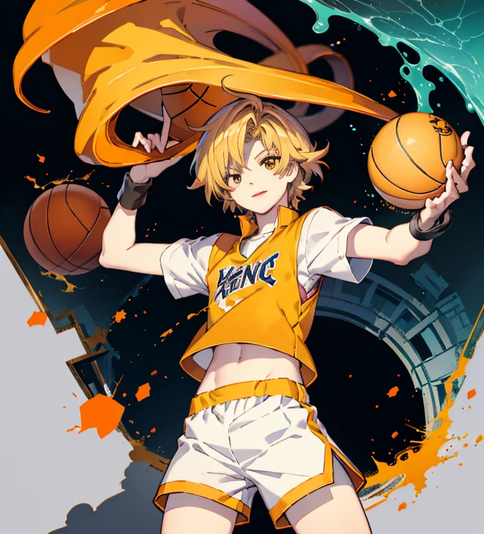 Anime characters,Two-dimensional image,1 boy, blonde hair, orange eyes, side parted hair, short sleeve shirt, shorts, Holding a basketball on the fingers of the right hand, Hold his hip with your left hand, smiling,shorts上有一个大凸起