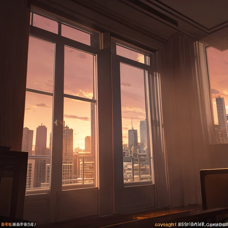 Inside an apartment at dusk, buildings in the background seen through a window, dramatic light, discreet, photorealistic, (apartment afternoon) cinematic lighting, volumetric lighting, dark atmosphere, Background with sunset background