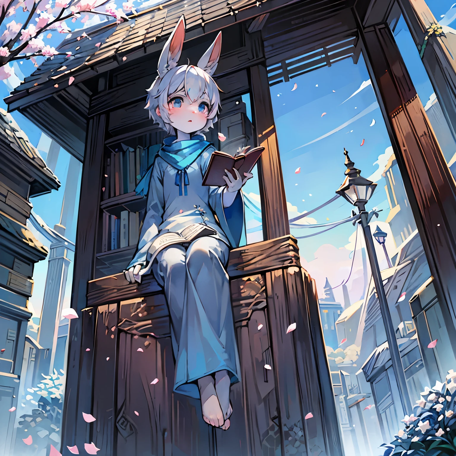 A white rabbit,Long blue scarf,Blue robe,sitting on a rock,Blue scarf,clear blue sky,Long rabbit ear hair,Long-sleeved shirt,Shota,white hair,Fluttering petals,HD,The face is clear,snowflake,parchment,plum blossom branch,An open book on your lap,Holding an envelope in his hand,oil paint brush,short hair girl,Crystal pupils,cute girl,cute hairpin,Bow in hair
