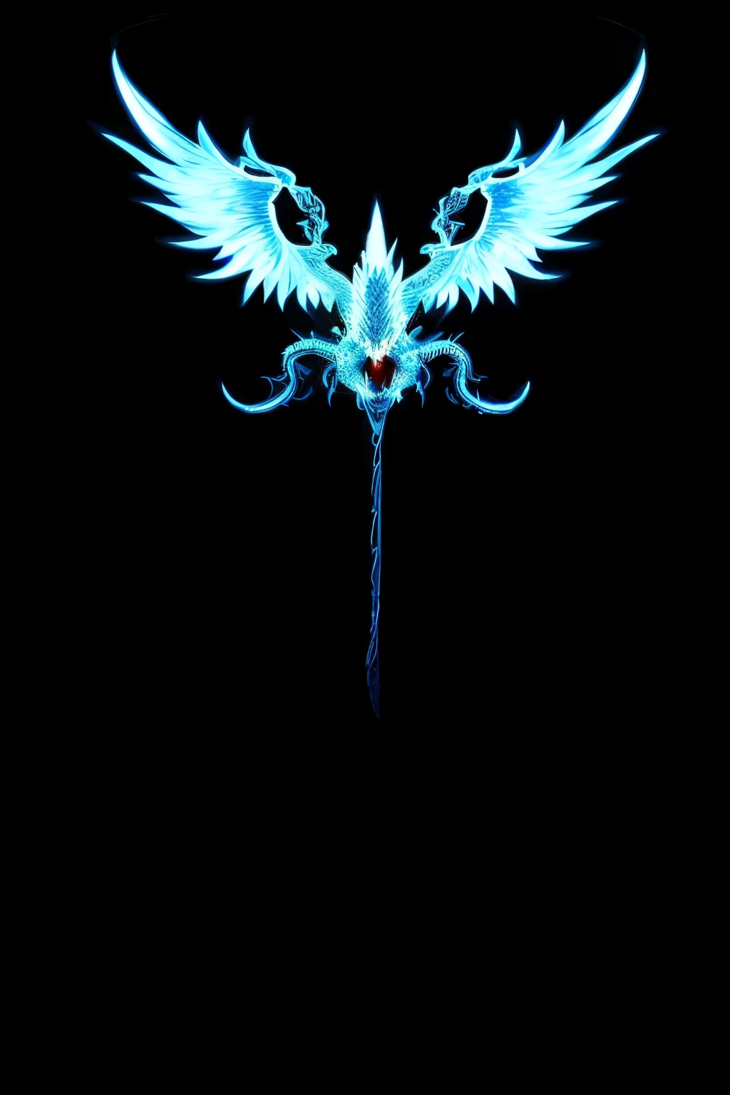 there is a blue dragon with wings on a black background, glowing draconic staff, draconic staff, dragon staff, blue phoenix bird, ''wallpaper of a phoenix, ''wallpaper of a phoenix resting, cyan chinese dragon fantasy, intricate fantasy spear, drakenguard inspired, blue dragon, phoenix dragon, black and cyan color scheme, sword design, glowing sword
