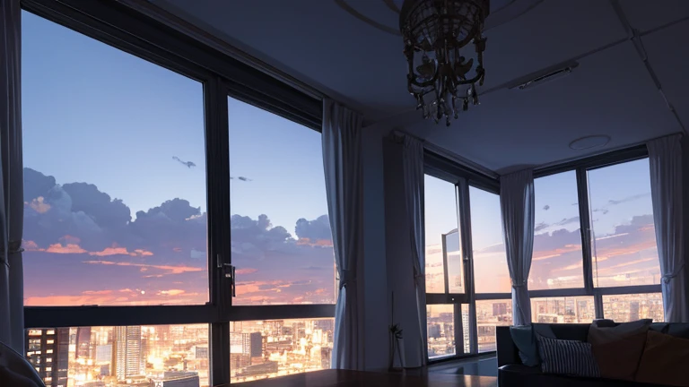 Inside an apartment at dusk, buildings in the background seen through a window, dramatic light, discreet, photorealistic, (apartment afternoon) cinematic lighting, volumetric lighting, dark atmosphere, Background with sunset background