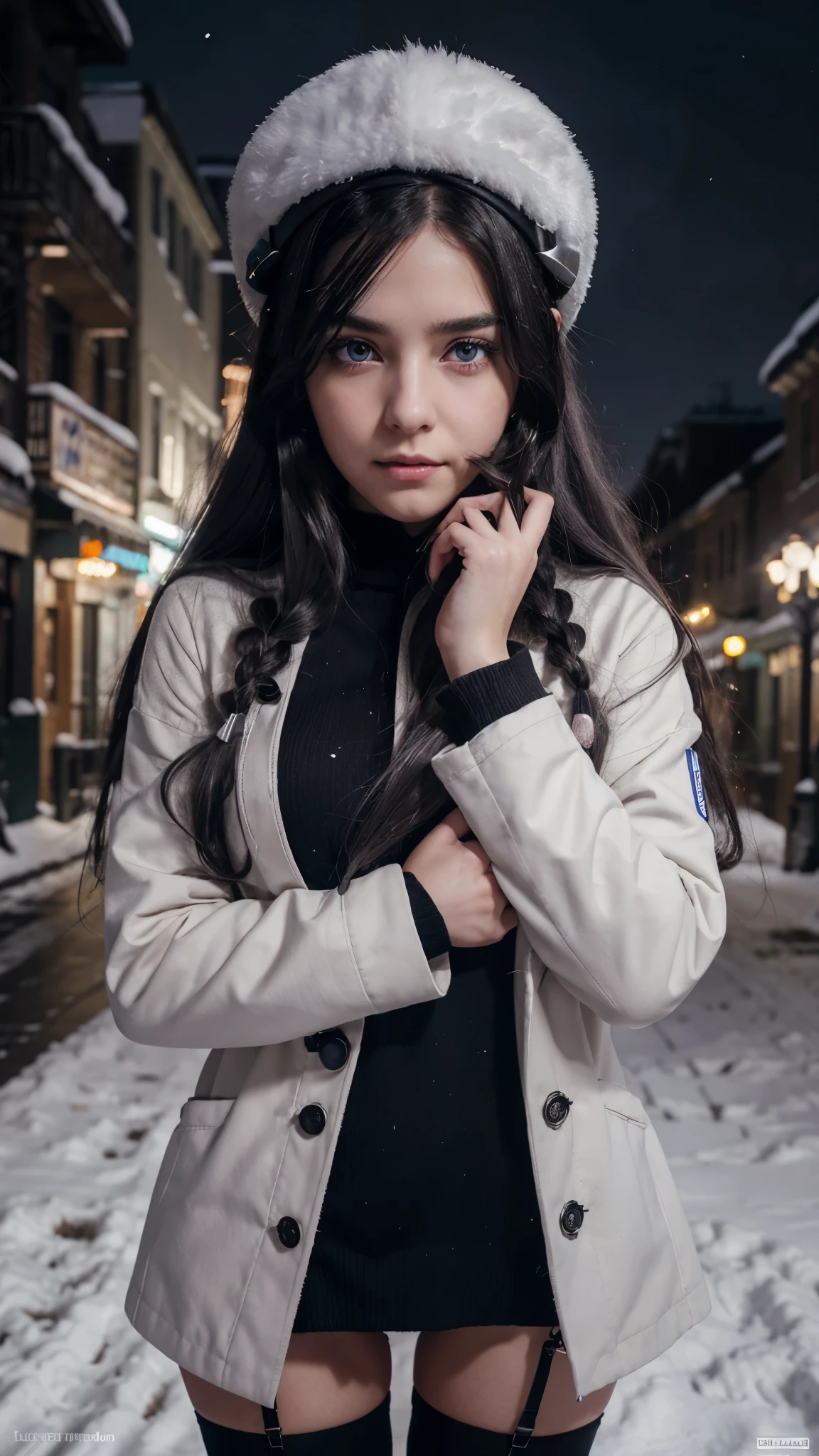 masterpiece, best quality, masterpiece,best quality,official art,detailed manga illustration,artbook, extremely detailed CG unity 8k wallpaper,,huge_filesize, colorful, night, in winter, snow, battlefield, (1girl with black hair and 1girl with silver hair),  {1girl, very long hair, long braid, cute face, white colored eyelashes, white eyebrows, beautiful detailed eyes, heterochromia blue red, pointy ears, excited, ((military uniform)), army over coat , naval cap,combat boots}and{1girl, very long hair, (messy hair), embarrassed , blush, beautiful detailed eyes, embarrassed , blush, (black eyes), glowing eyes, pointy ears, excited, sweater dress, lab coat , grey thighhighs}, symmetrical_docking, kiss,hug, yuri
