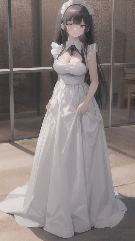 (masterpiece, highest quality), beautiful face,red eyes,red eyes,princess cut,Patsun bangs,whole body, 1 female, alone, maiddress, maid,dress,big breasts,Standing picture,whole body,long,long hair,black hair,Call