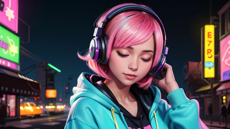 A female wearing headphones, bob hair, eyes closed, slight smile, hands on ear, neon colored hair, hoodie on, night, neon themed, neon city background, surreal, best quality digital painting, jon foster